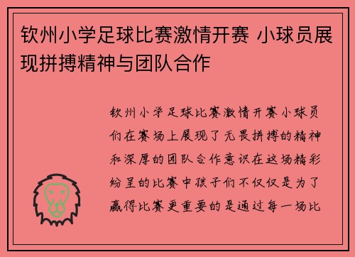 钦州小学足球比赛激情开赛 小球员展现拼搏精神与团队合作