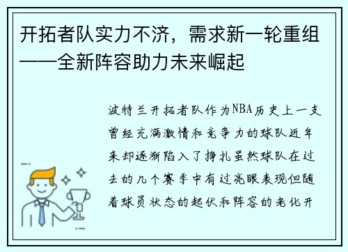 开拓者队实力不济，需求新一轮重组——全新阵容助力未来崛起