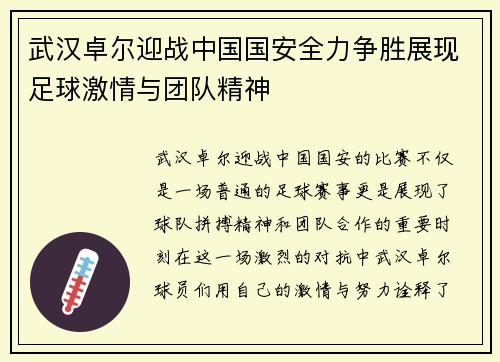 武汉卓尔迎战中国国安全力争胜展现足球激情与团队精神