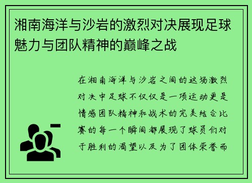 湘南海洋与沙岩的激烈对决展现足球魅力与团队精神的巅峰之战