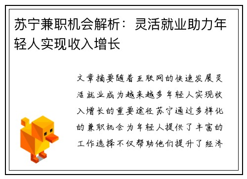 苏宁兼职机会解析：灵活就业助力年轻人实现收入增长