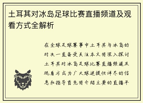 土耳其对冰岛足球比赛直播频道及观看方式全解析