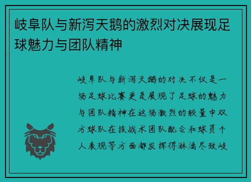 岐阜队与新泻天鹅的激烈对决展现足球魅力与团队精神