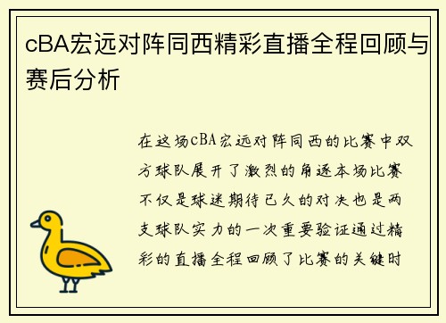 cBA宏远对阵同西精彩直播全程回顾与赛后分析