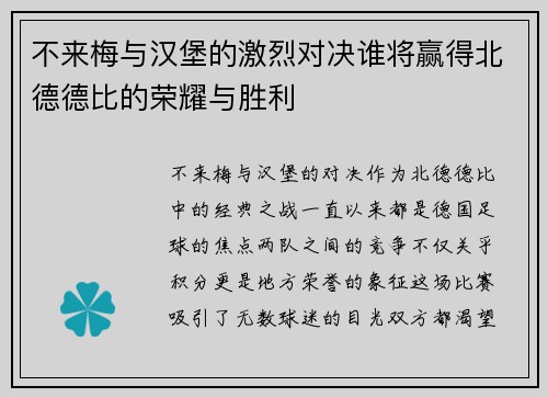 不来梅与汉堡的激烈对决谁将赢得北德德比的荣耀与胜利