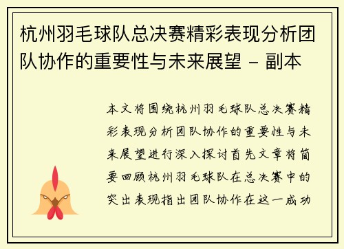 杭州羽毛球队总决赛精彩表现分析团队协作的重要性与未来展望 - 副本