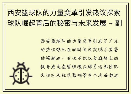 西安篮球队的力量变革引发热议探索球队崛起背后的秘密与未来发展 - 副本