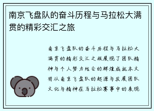 南京飞盘队的奋斗历程与马拉松大满贯的精彩交汇之旅